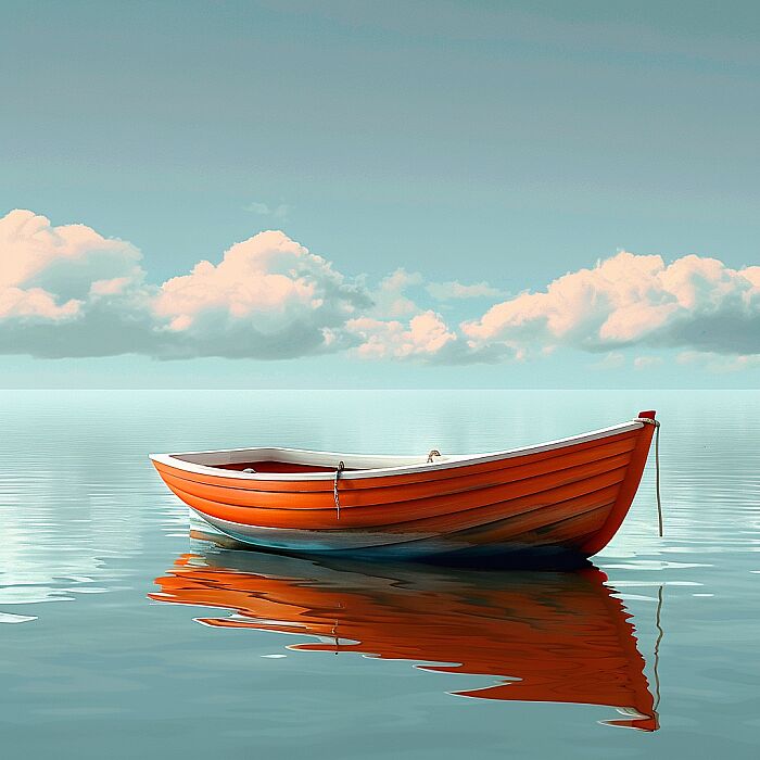 animation about a boat, in the style of dark white and orange, minimal design, realistic painted still lifes, cartoonish innocence, dark sky-blue and white --v 6.0